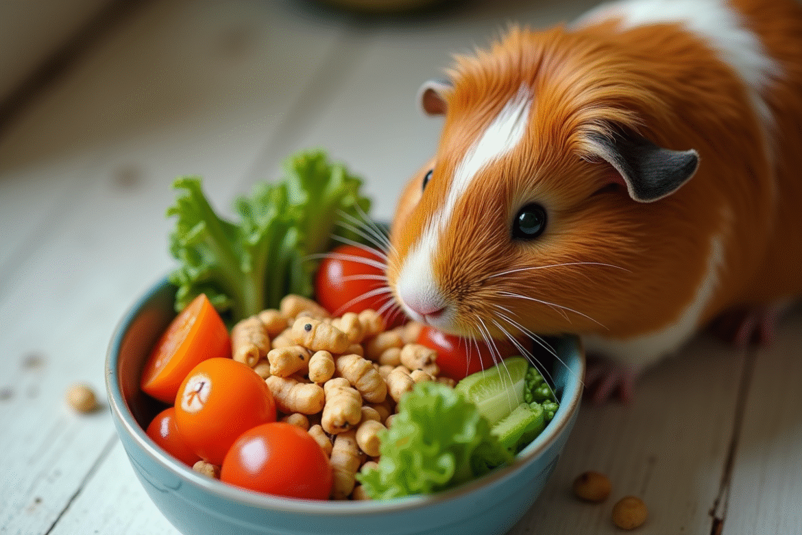 Cochon d'Inde reniflant un bol de légumes frais et aliments transformés