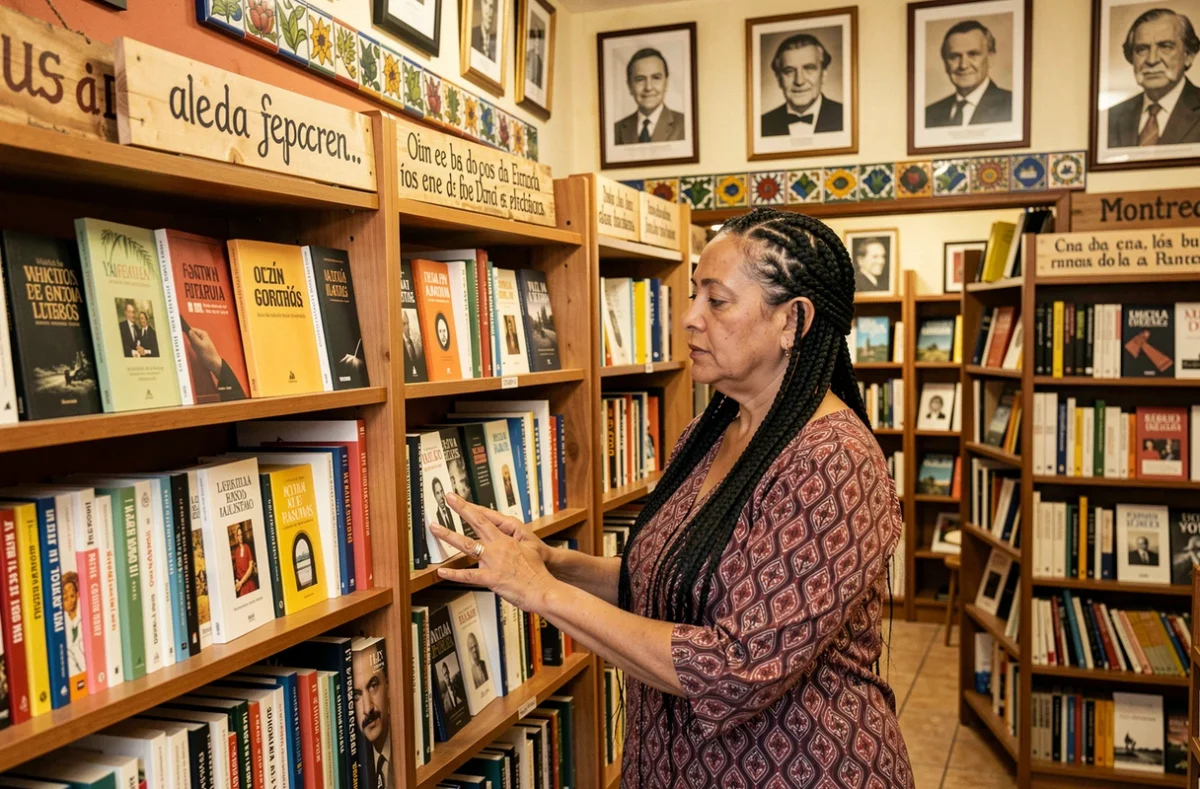 Femme feuilletant des romans en espagnol dans la librairie hispanique Colibrije à Montreuil