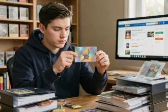 Jeune collectionneur examinant une carte Pokémon holographique rare à son bureau de collection TCG