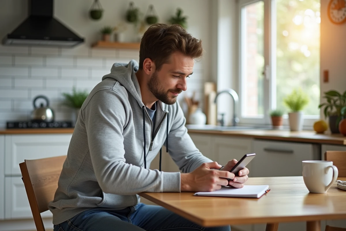 Homme consultant une application de comparaison tarifaire pour appels vers l'indicatif 49 depuis chez lui