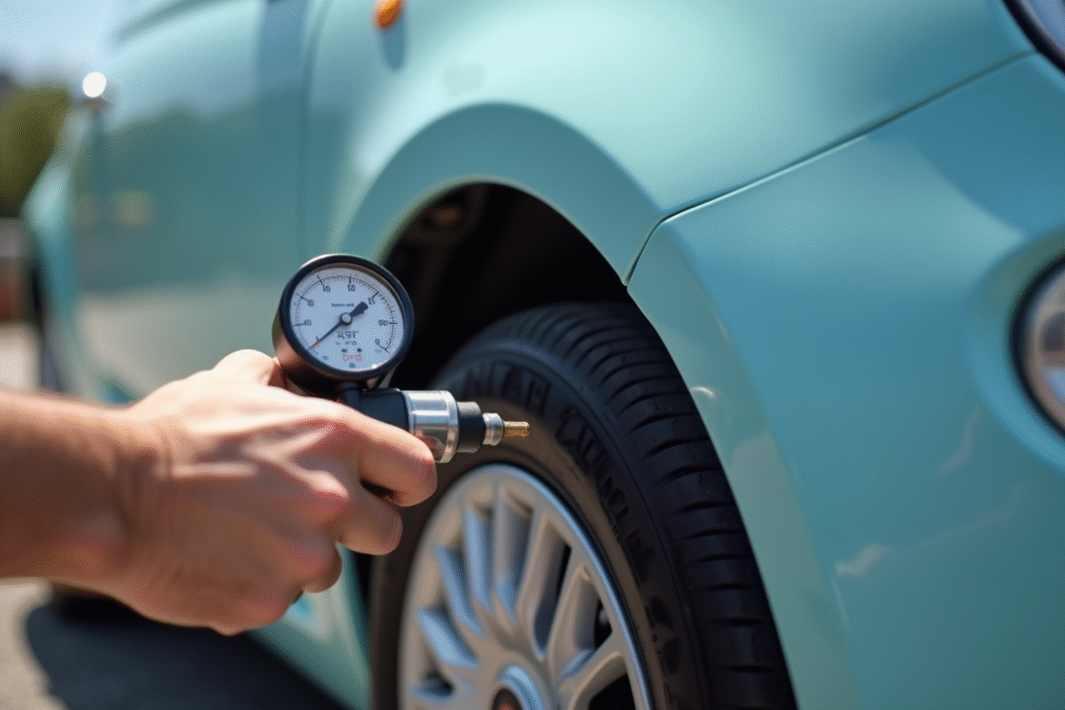 Personne vérifiant la pression des pneus d'une Fiat 500 bleue