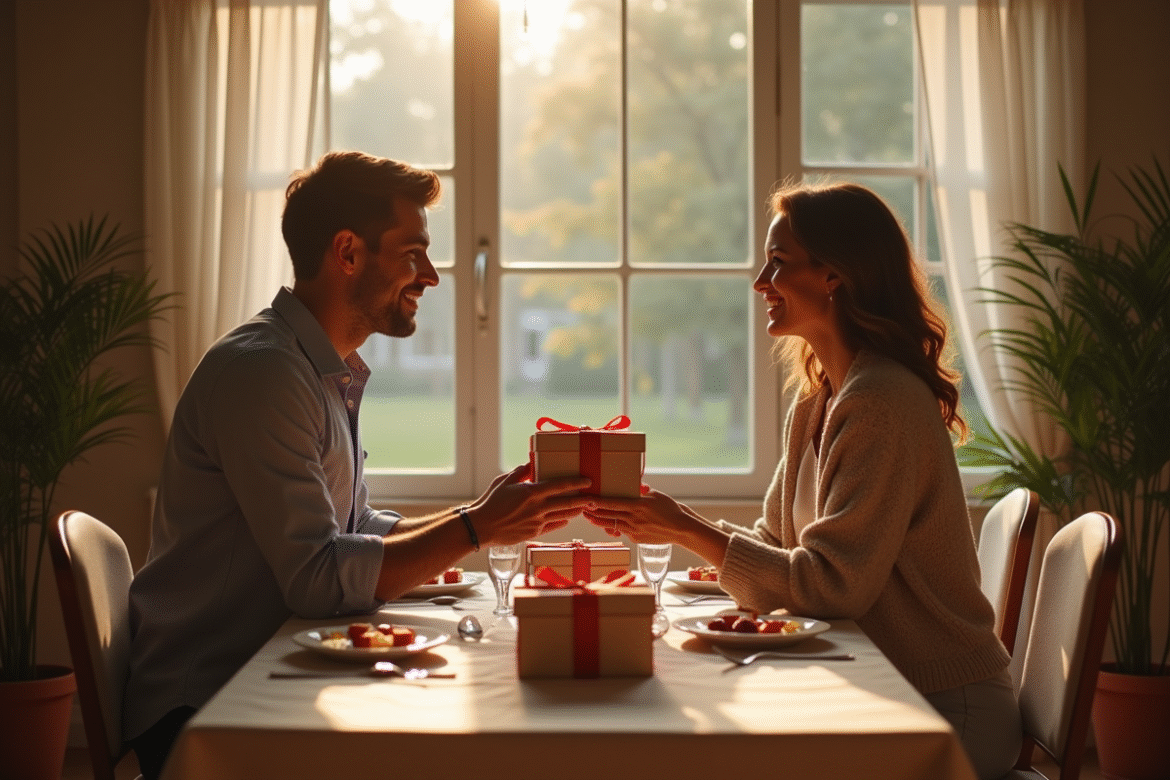 Couple élégant échangeant des cadeaux en dîner romantique