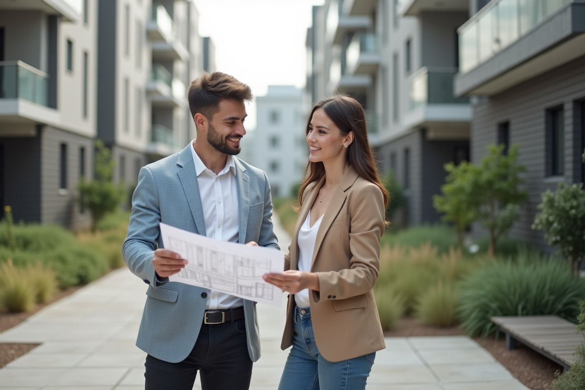 Jeune couple regardant des plans devant un immeuble neuf