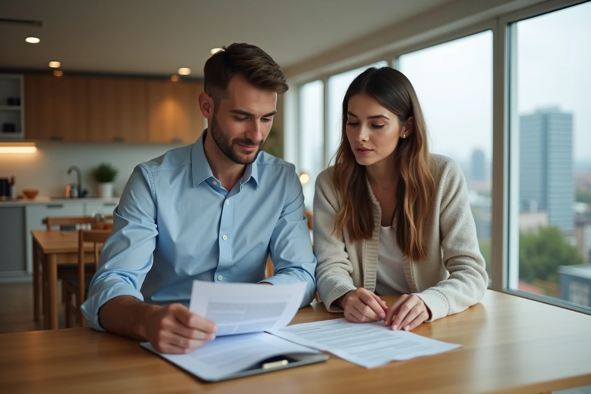 Jeune couple regardant des documents immobiliers dans un appartement moderne