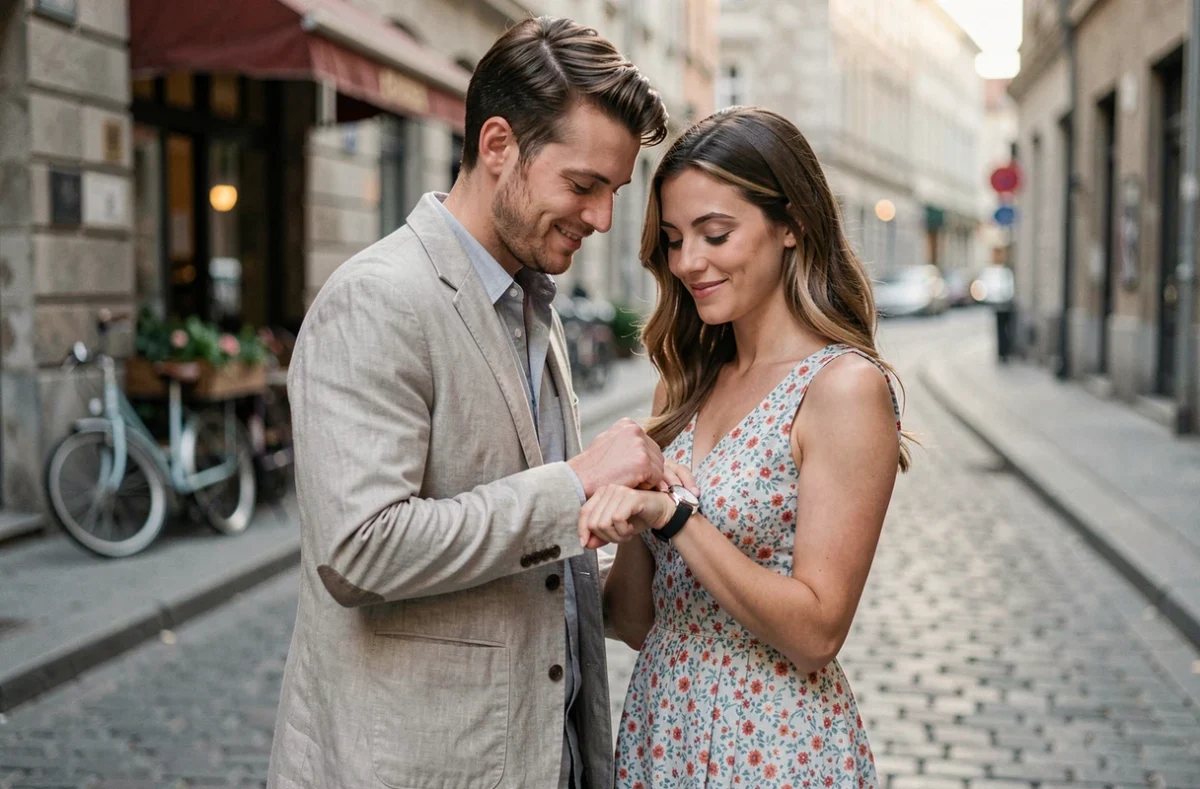 Couple regardant une montre affichant 05h55 dans une rue pavée au lever du jour, illustration de la signification amoureuse de l'heure angélique