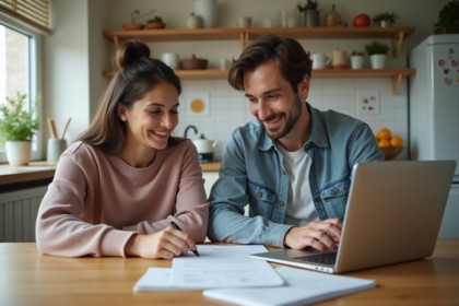 Jeune couple organisant leur budget mensuel à la maison