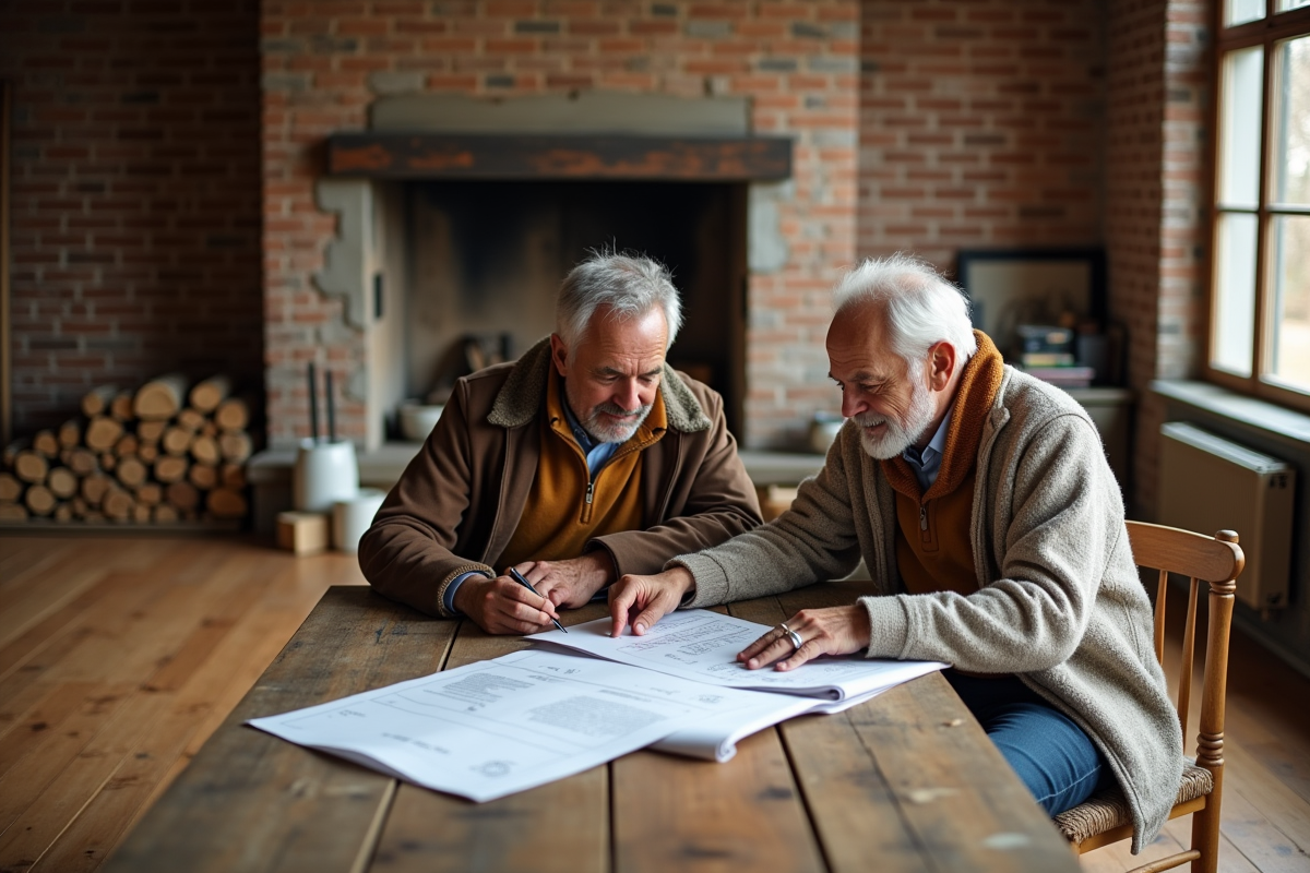 Couple moyenâgeux examinant des plans dans un salon en rénovation