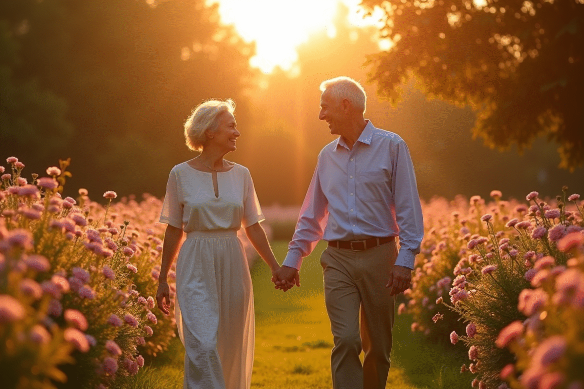 Couple d'âge moyen riant lors d'une promenade dans un jardin en fleurs