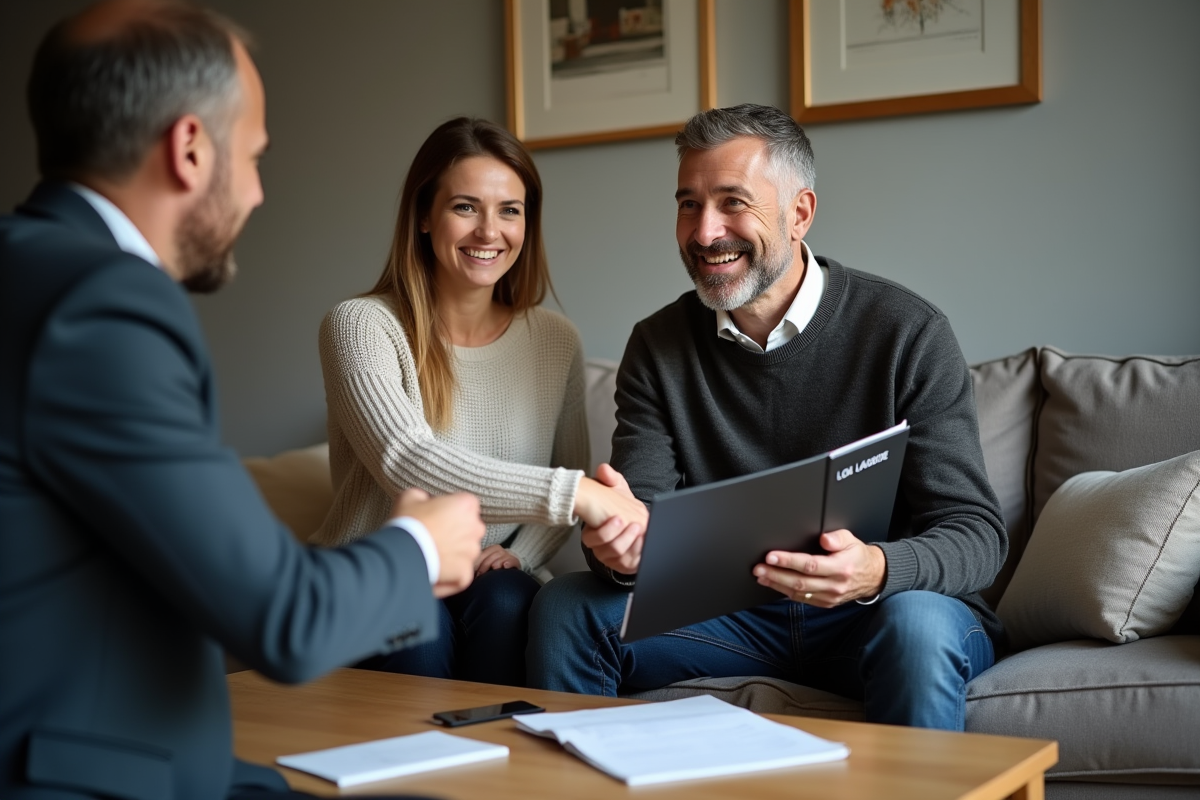 Couple souriant échangeant avec un conseiller en prêt immobilier
