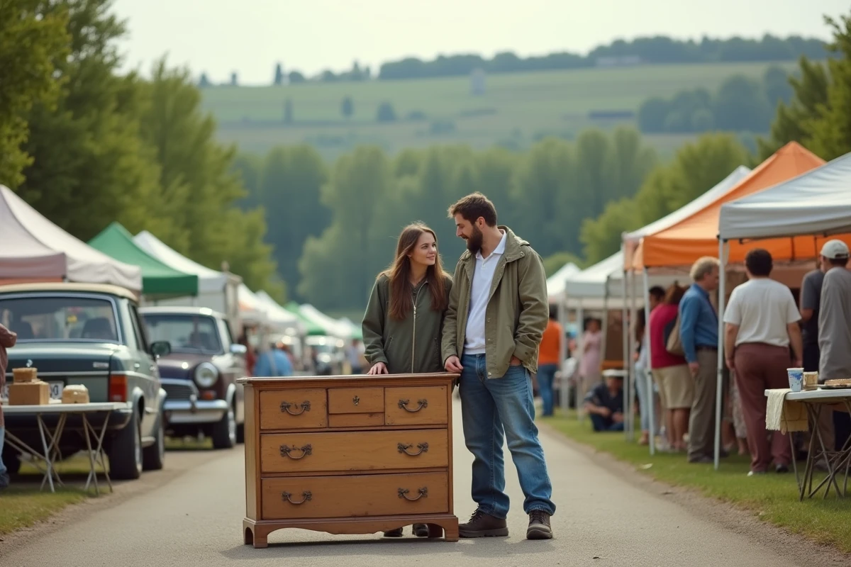 Couple inspectant un meuble ancien dans un vide-grenier en plein air entouré de la campagne du Lot-et-Garonne