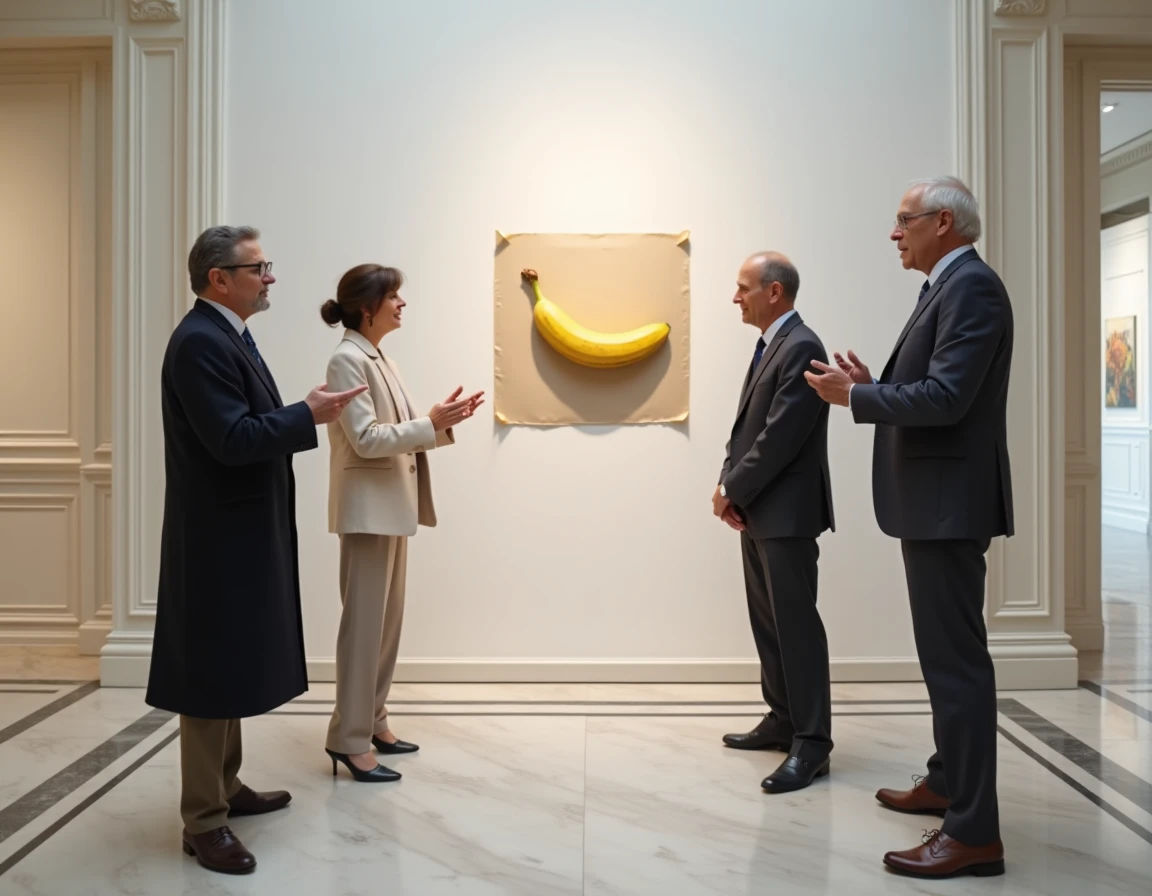 Deux critiques d'art discutant devant une banane scotchée au mur dans une salle de vente aux enchères prestigieuse