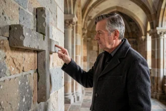 Homme contemplant une croix de Lorraine en pierre sculptée dans une chapelle médiévale française, détail des deux barres horizontales visibles
