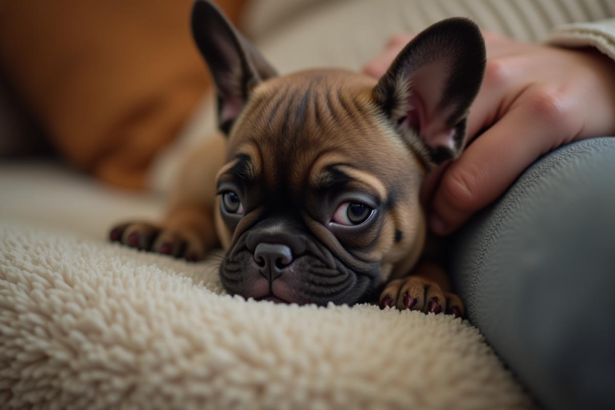 Personne câline un chiot bulldog français sur un canapé chaud