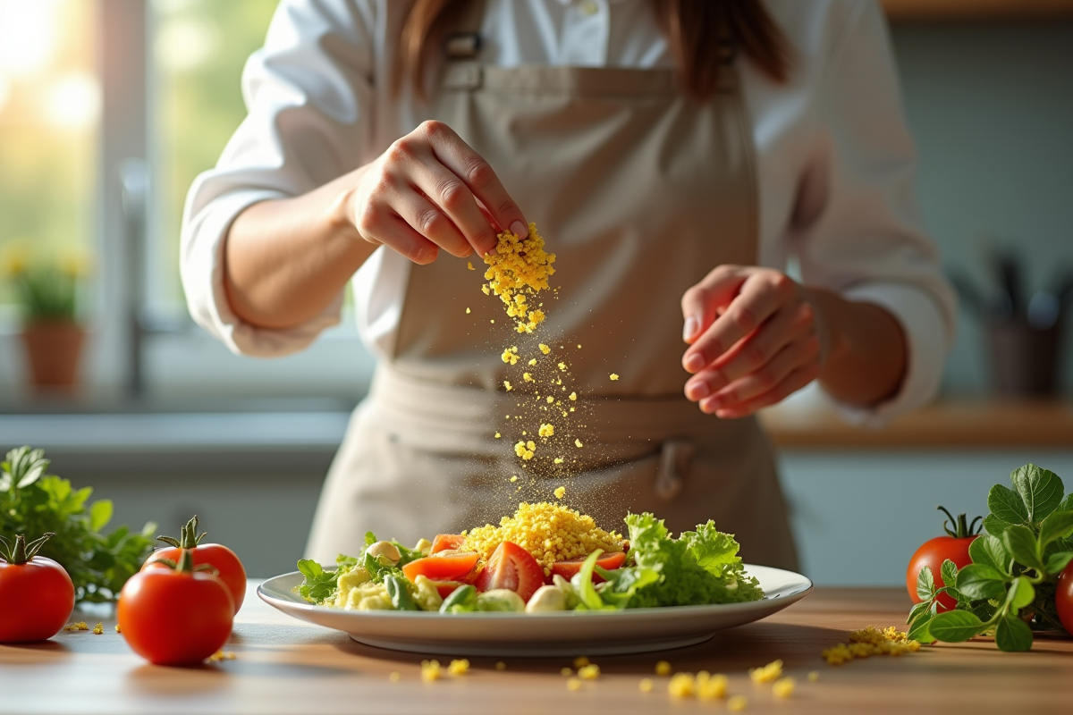 Cuisinier saupoudrant fleurs de tilleul sur une salade