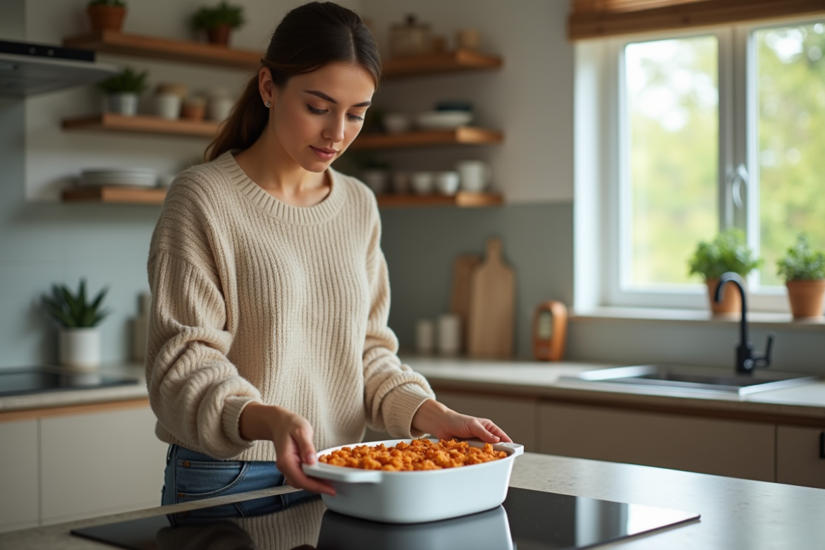 Femme en cuisine posant une casserole sur une plaque vitroceramique