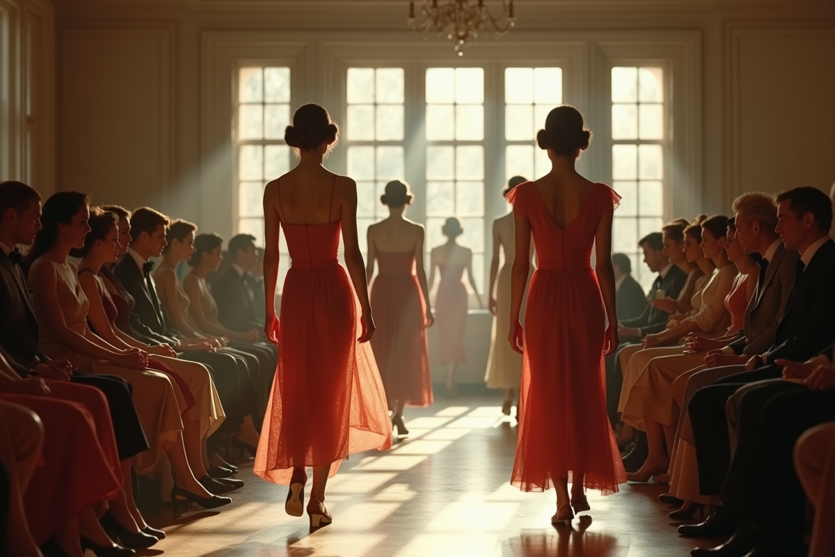 Défilé de mode glamour en intérieur avec mannequins en couture vintage