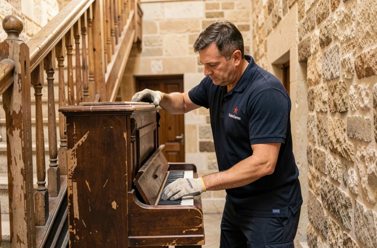 Spécialiste de Déménagements J.M. Bulle manœuvrant un piano dans un escalier à Besançon