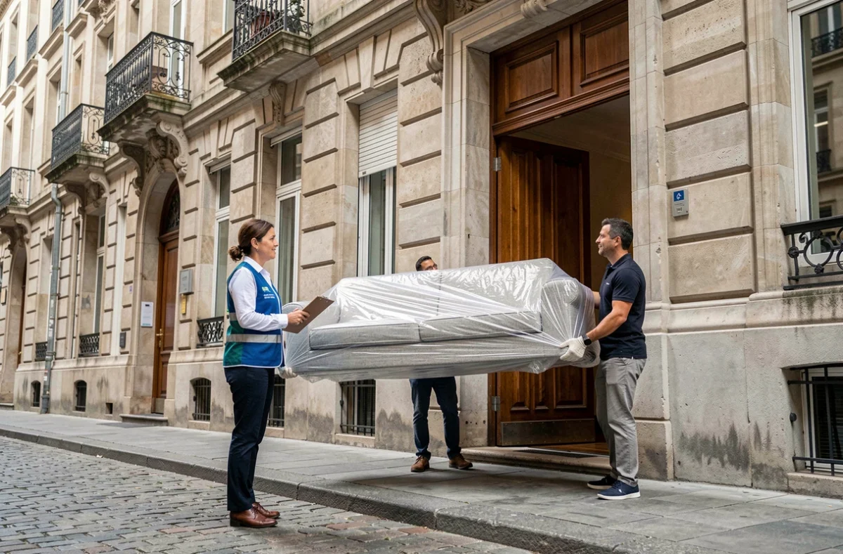 Coordinatrice de Déménagements Sollinger supervisant un transport dans un immeuble haussmannien de Besançon