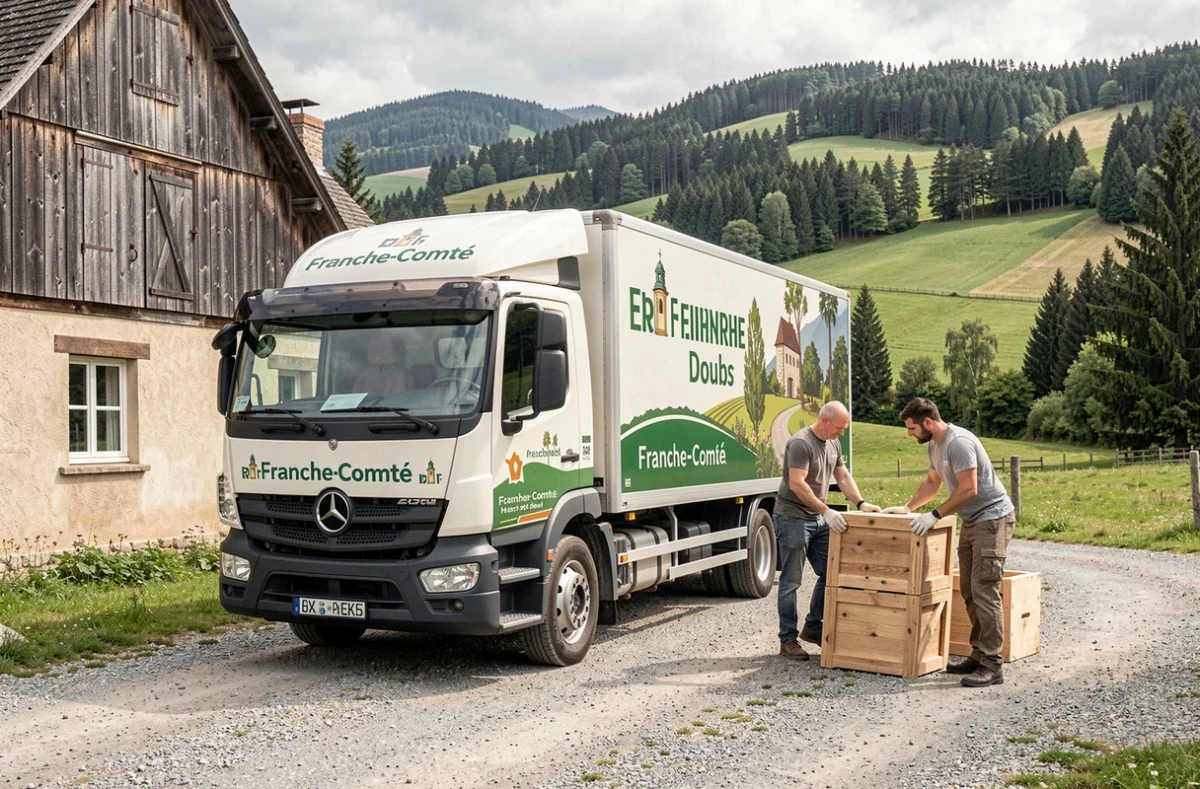 Camion des Déménageurs Franc-Comtois devant une ferme avec le paysage du Doubs en arrière-plan