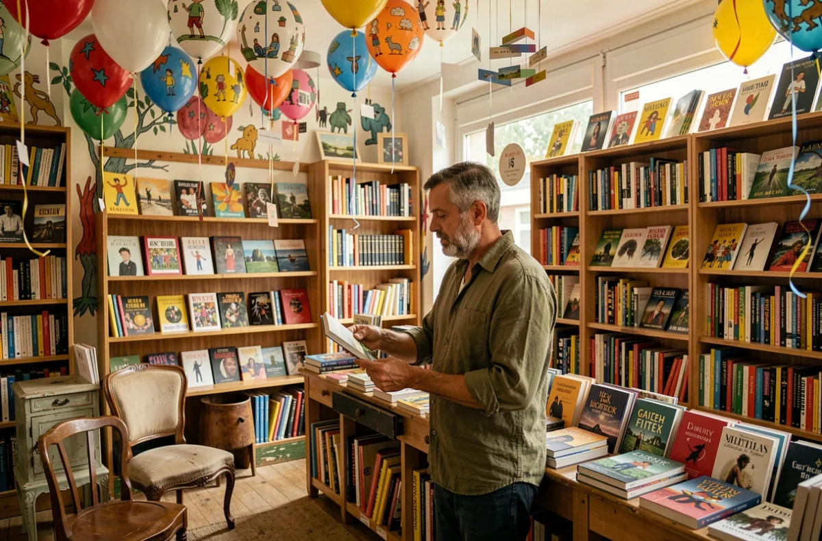 Libraire arrangeant une vitrine dans la librairie Des Bulles et des Ballons à Montreuil avec décor artistique et ballons en papier