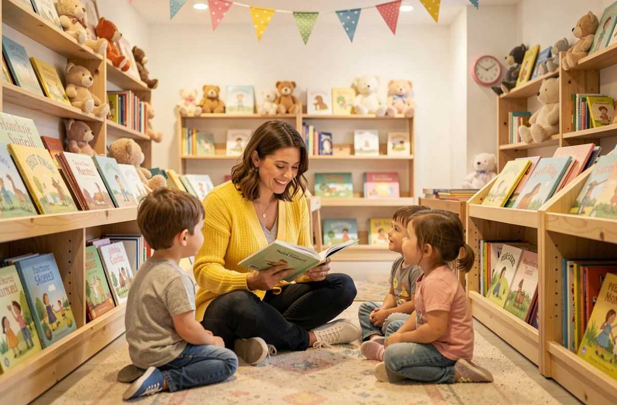 Libraire lisant à voix haute pour des enfants assis sur un tapis dans la librairie jeunesse Des Rires et des Livres à Montreuil