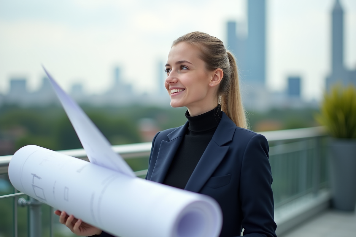 Jeune femme designer observant un plan sur une terrasse urbaine