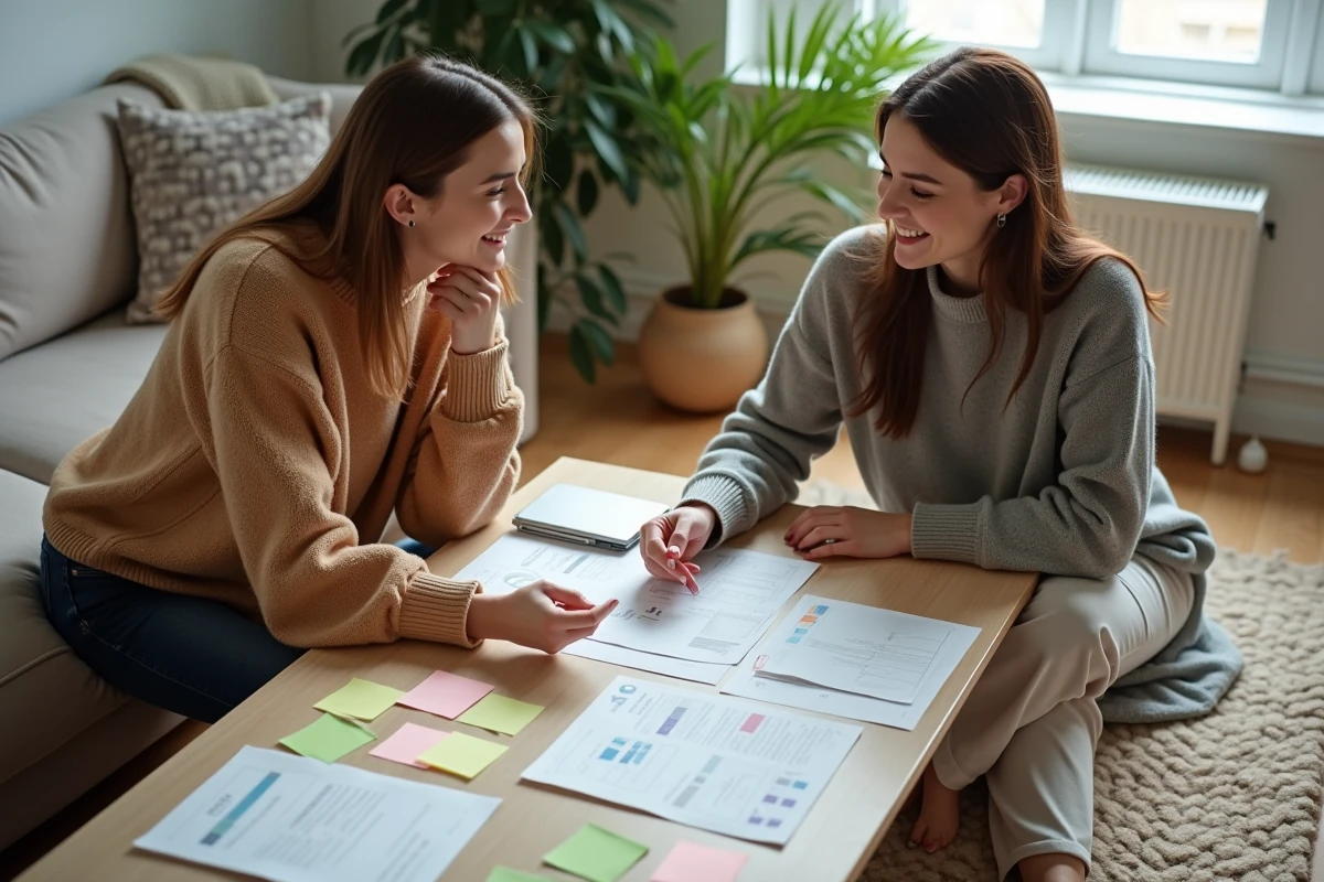 Deux femmes discutant autour de documents et postit dans un salon chaleureux