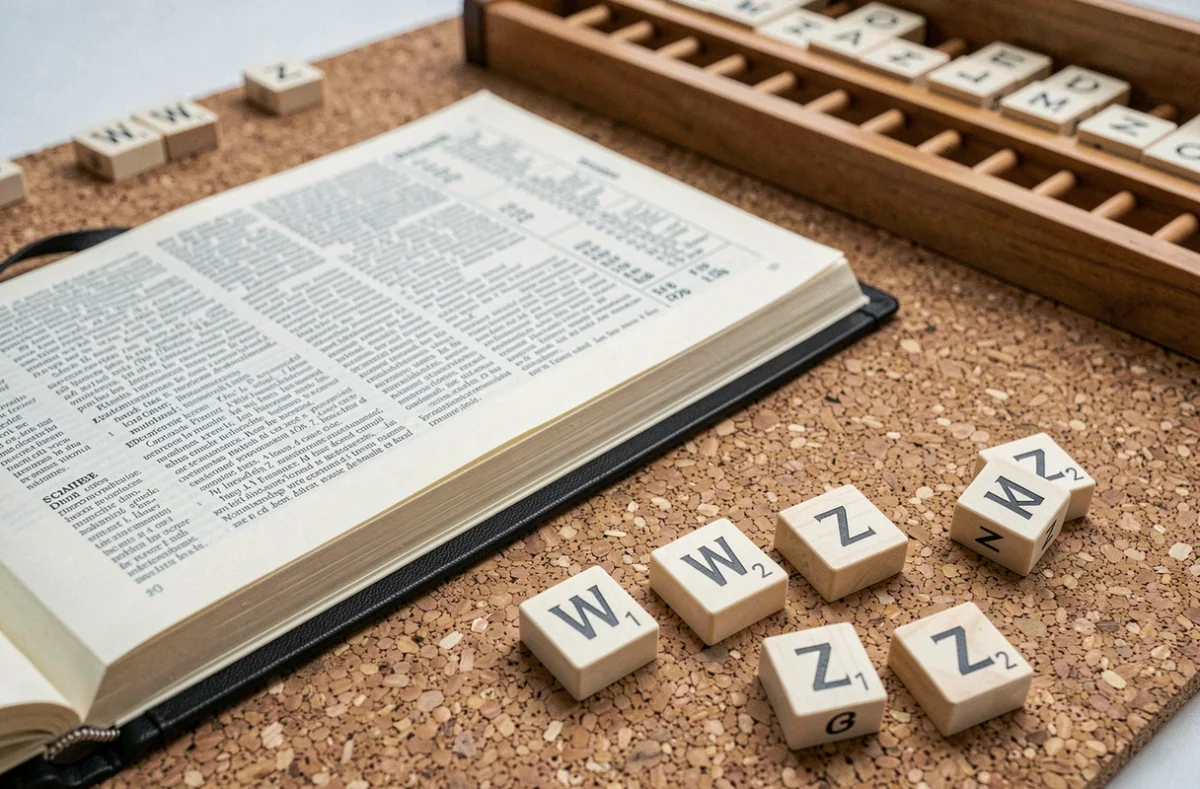 Dictionnaire de Scrabble ouvert et tuiles de lettres W et Z formant des mots de 3 lettres sur un tapis de jeu en liège