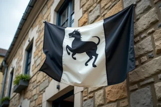 Drapeau breton avec motif hermine flottant sur façade en granit d'une ville côtière bretonne