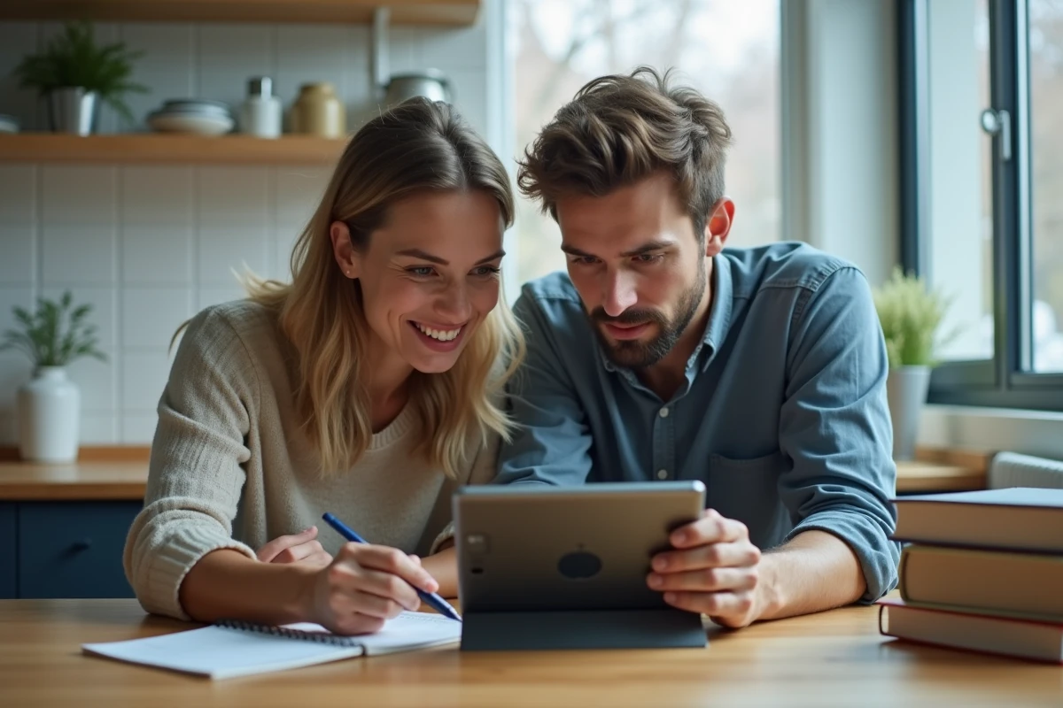 Deux joueurs collaborant autour d'une tablette pour trouver les solutions avancées de Room Exit et finir le jeu à 100 %