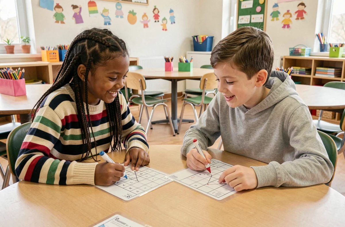 Deux élèves jouant à la bataille navale muette avec des grilles plastifiées en classe