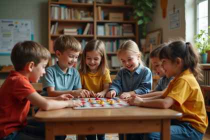 Enfants jouant à un jeu de société dans une classe chaleureuse
