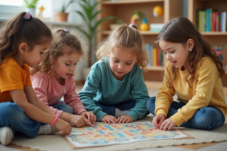 Groupe d'enfants jouant à un jeu de société en classe