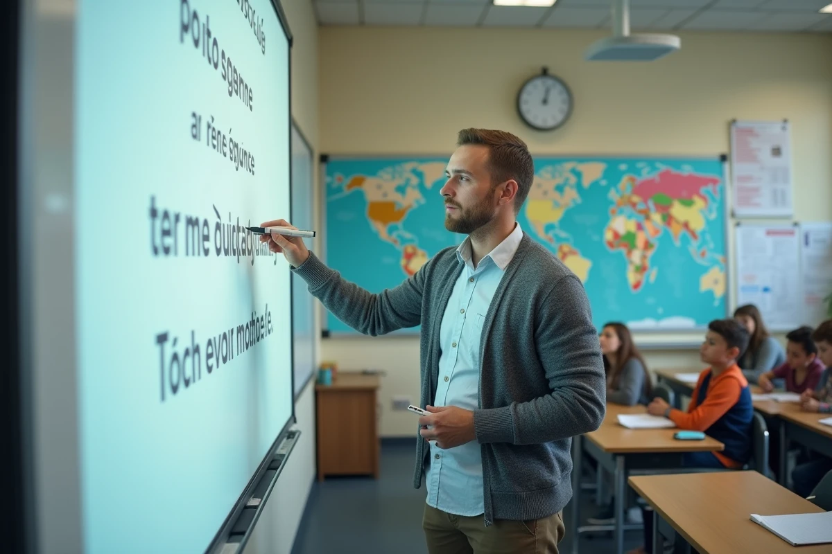 Enseignant expliquant une phrase en français devant un tableau