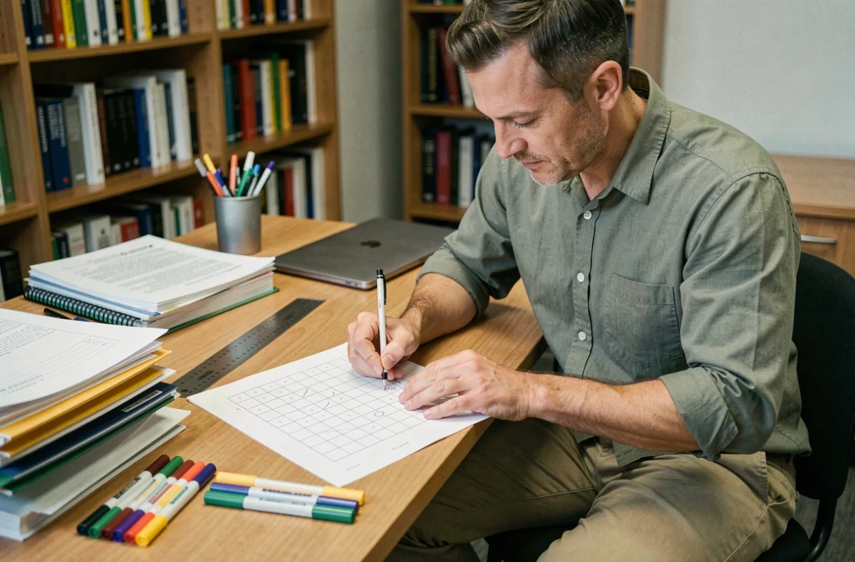 Enseignant préparant une fiche de bataille navale muette à son bureau avec des outils pédagogiques