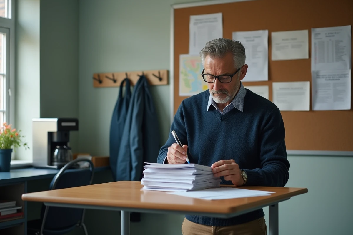 Enseignant debout dans une salle des professeurs utilisant un stylo 4 couleurs effaçable pour corriger des copies
