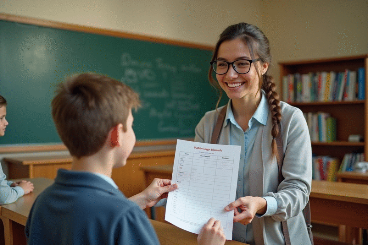 Enseignant souriant remettant un bulletin scolaire à un élève