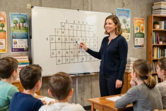 Enseignante pointant une grille de bataille navale muette au tableau blanc dans une salle de classe