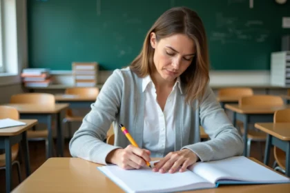 Enseignante annotant une copie d'élève avec un stylo 4 couleurs effaçable dans une salle de classe calme