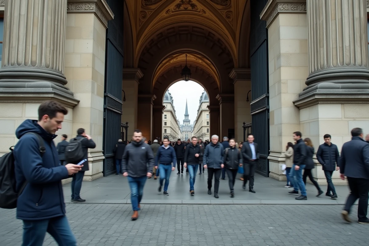 Entrée de la Gare Saint-Lazare à Paris avec des voyageurs en mouvement devant la façade
