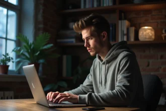 Homme en sweat gris envoyant un SMS anonyme depuis un ordinateur portable dans un bureau à domicile