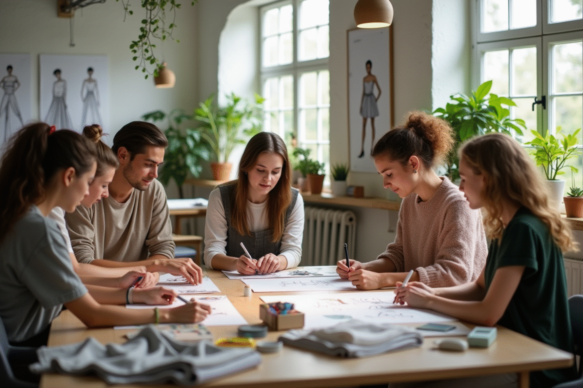 Groupe de jeunes designers dans un studio lumineux avec tissus durables