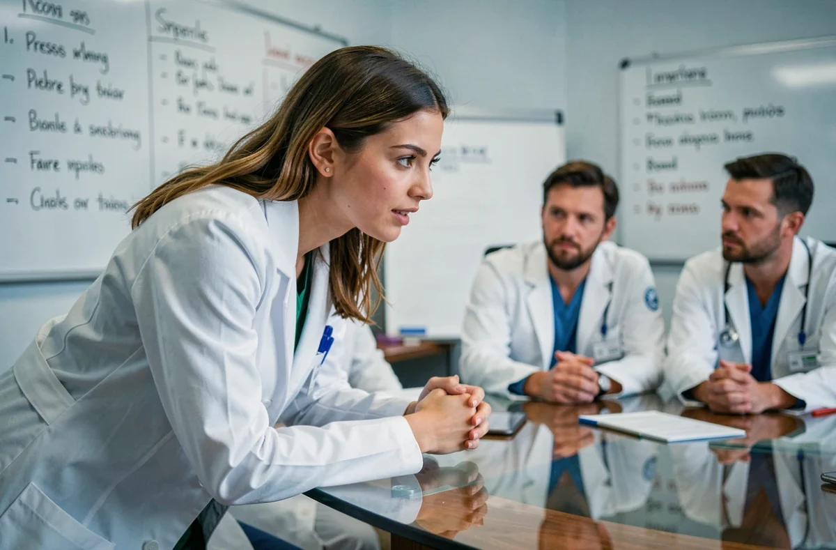 Équipe médicale réunie autour d'une table de réunion pour établir un diagnostic différentiel, représentant la dynamique collective au sein du service du Dr House