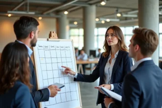Équipe de bureau réunie autour d'un tableau blanc avec un planning semaine paire impaire en entreprise