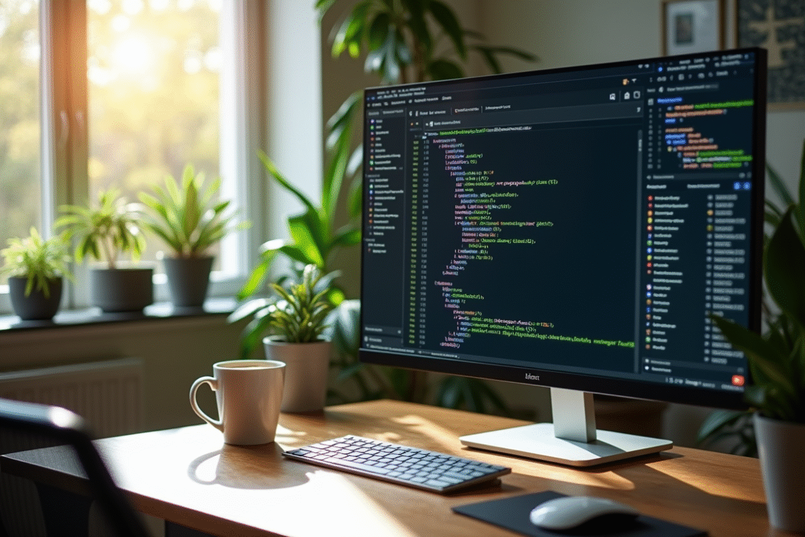 Espace de travail moderne avec ordinateur et chatbot