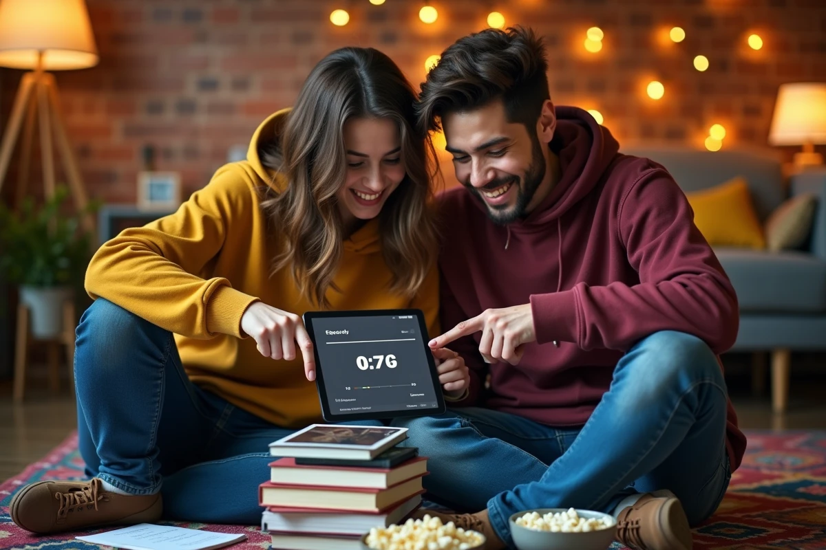 Deux amis étudiants regardant ensemble une série en anglais sur une tablette au sol, s'aidant mutuellement pour comprendre les termes AM et PM dans les dialogues en version originale