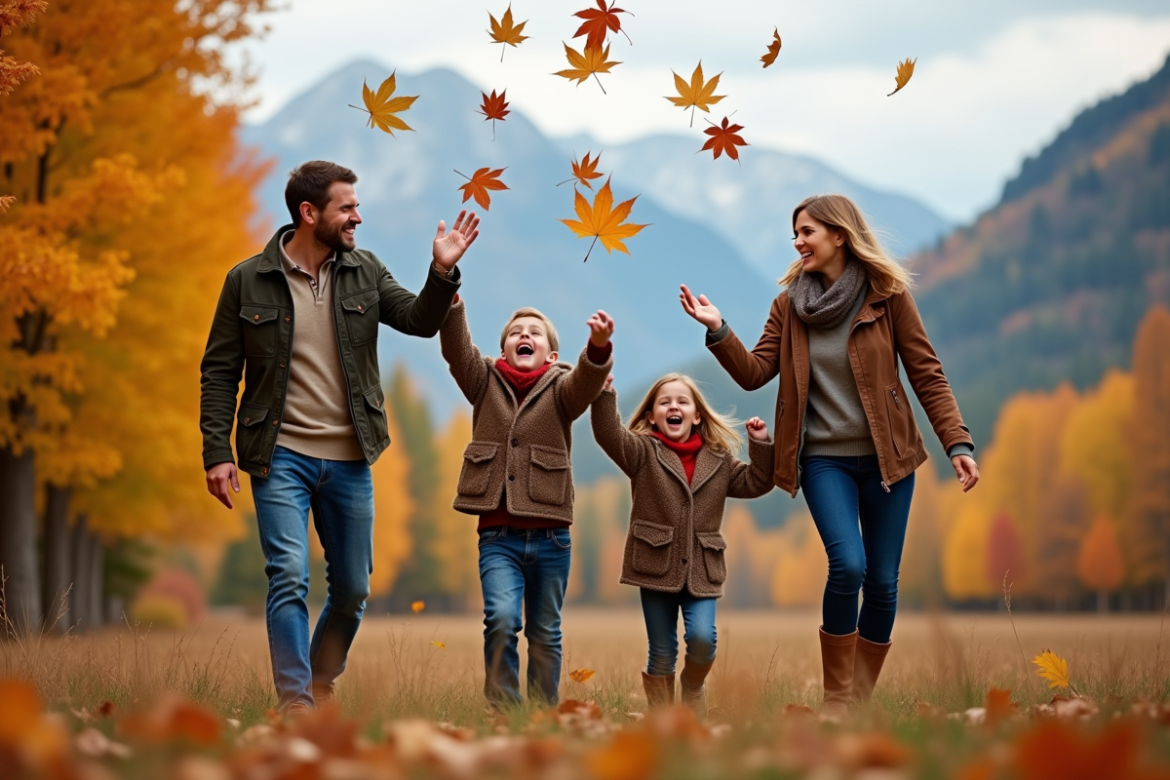 Famille souriante jouant avec des feuilles d'automne dans un parc canadien
