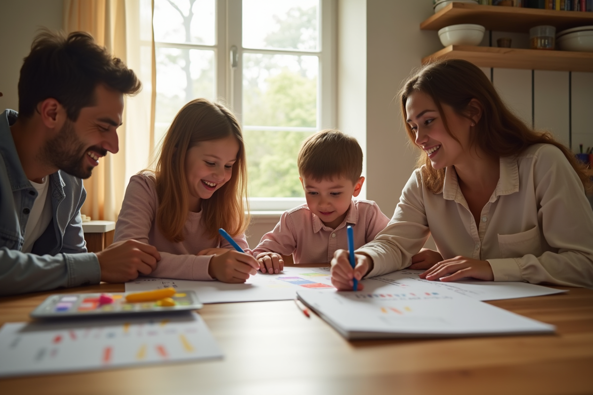 Famille réunie autour d une table regardant un bulletin scolaire