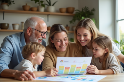 Famille multigenerations autour d'une table de cuisine chaleureuse