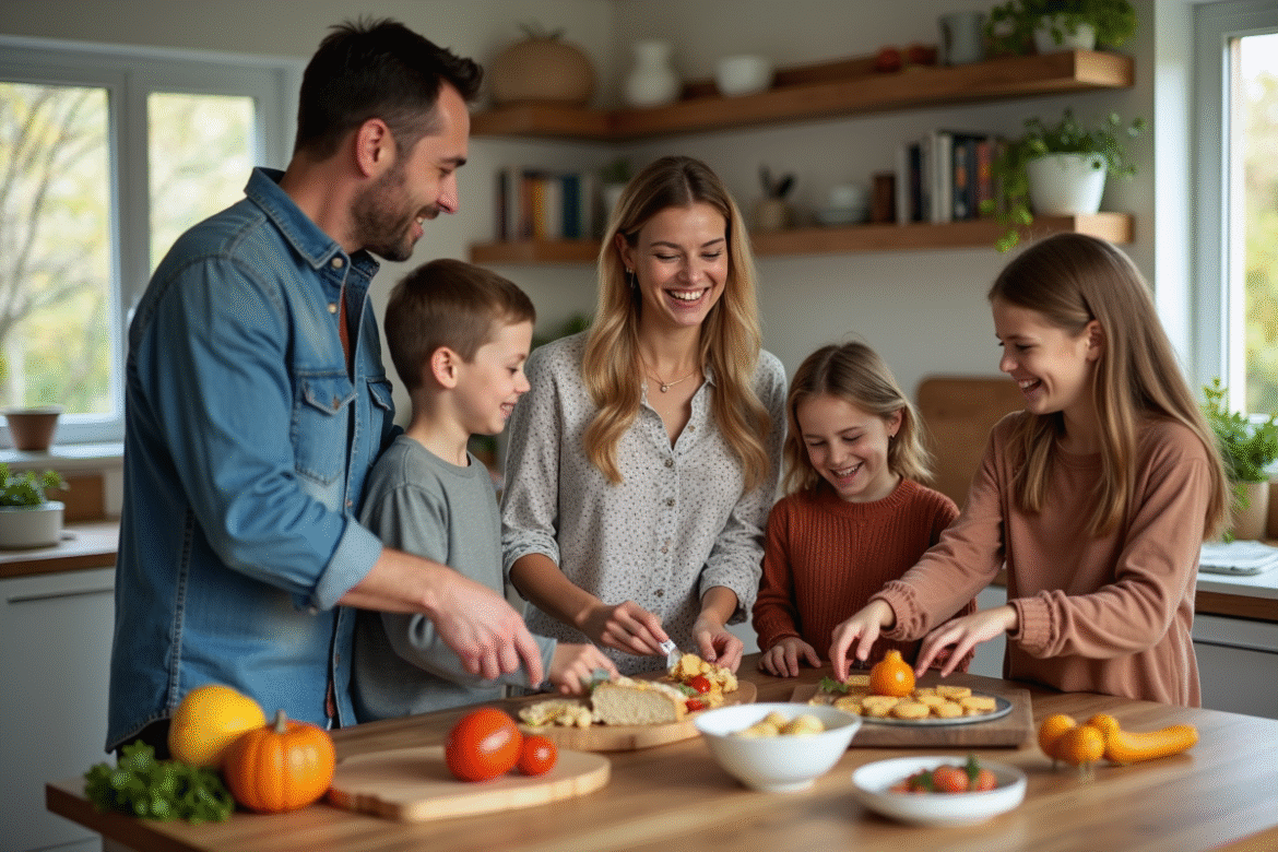 Famille multigeneration partageant un repas dans une cuisine lumineuse